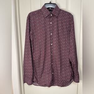 Bonobos Burgundy White Print Button Up Cotton Blend Slim Fit Men’s Shirt Medium